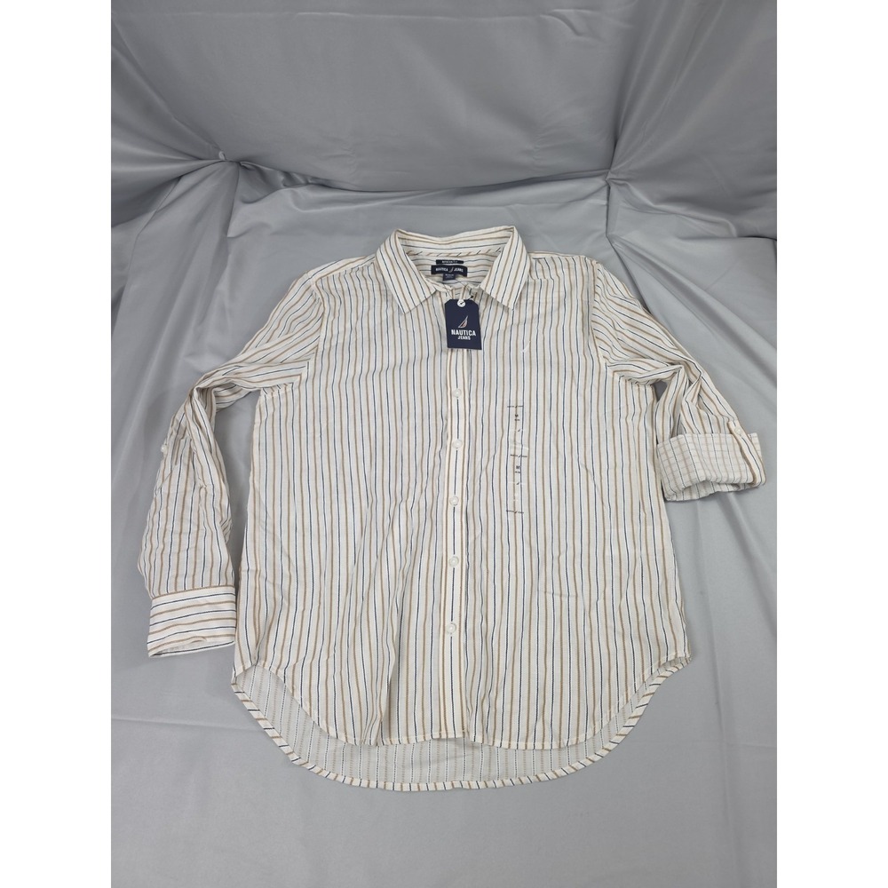 Nautica Mens Medium Blue White Striped Button Down Shirt Long Sleeve 100% Cotton